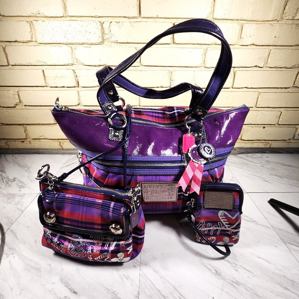 Coach Purple and Pink Plaid Shoulder Bag Trio